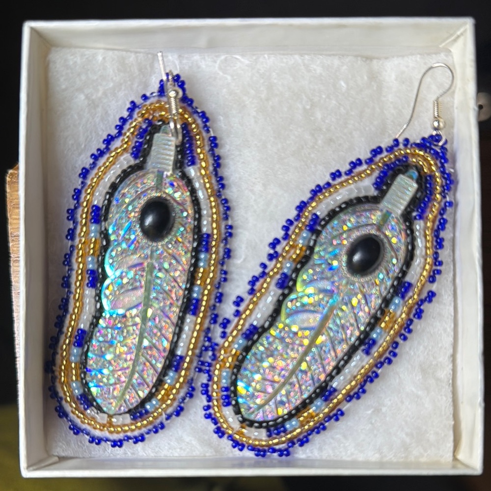 Native White and Blue Earrings with Iridescent Finish and Beaded Accents